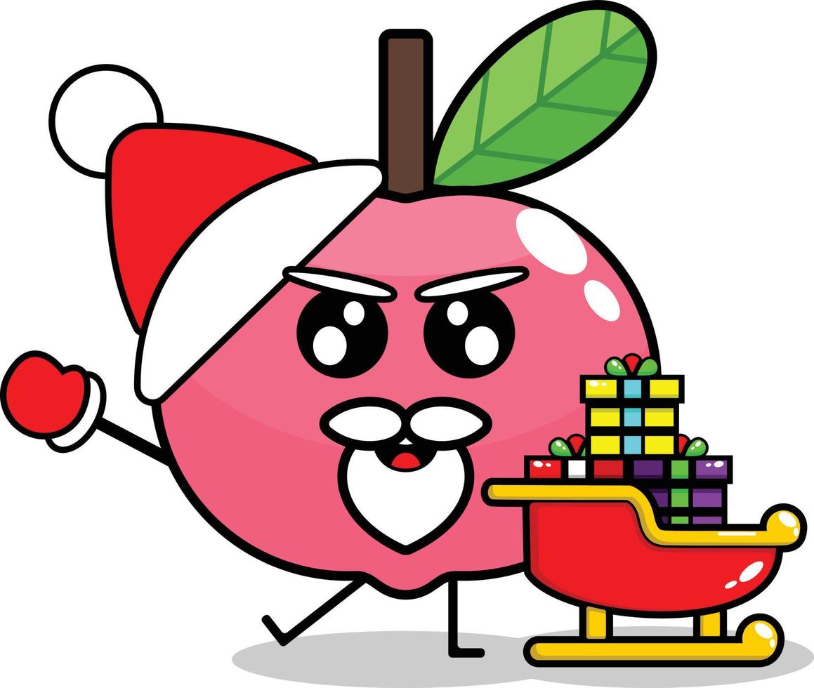 vetor de mascote de frutas de pêssegos de natal fofo com trem de presente de saint clouse