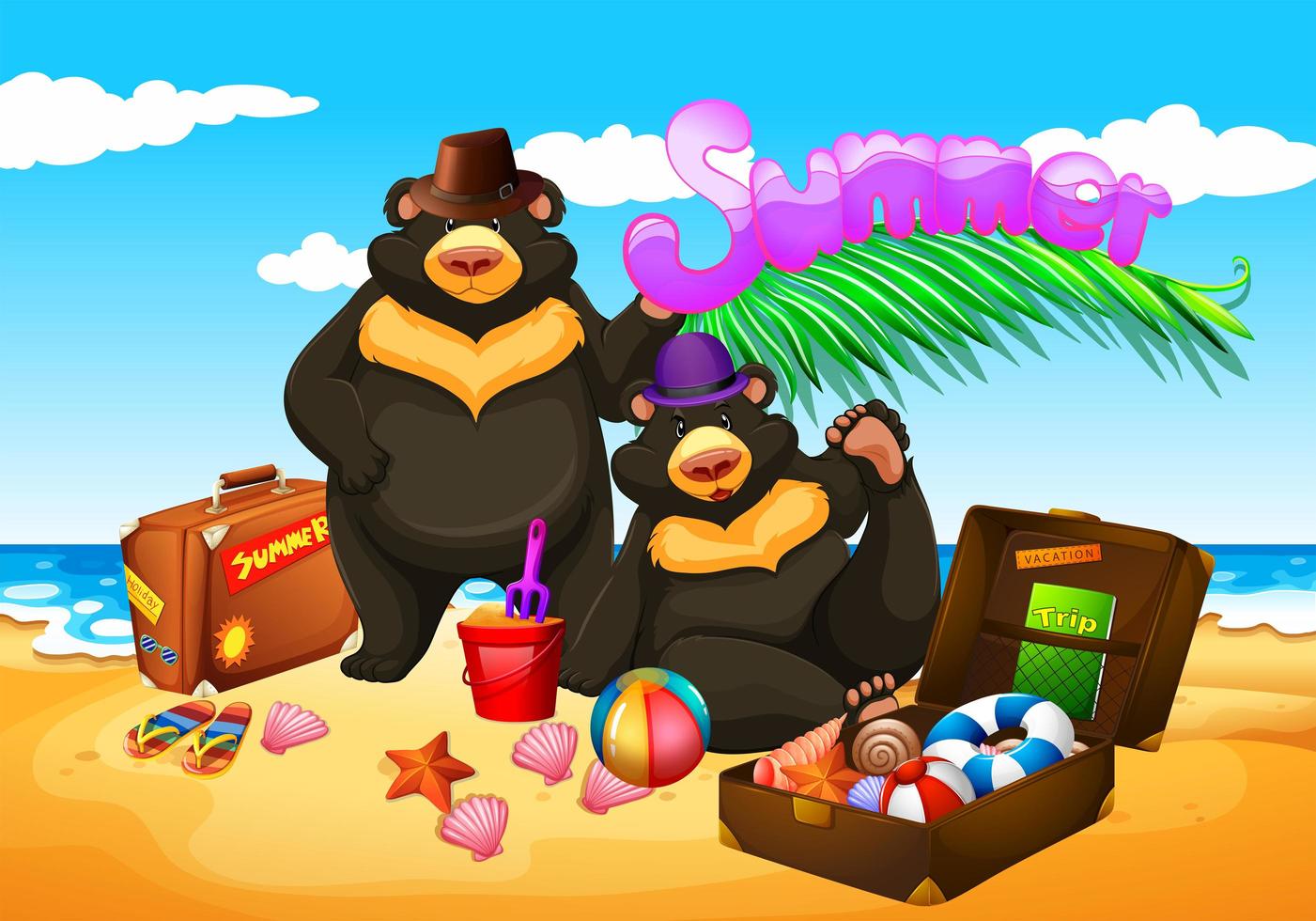 dois ursos aproveitam o verão na praia vetor