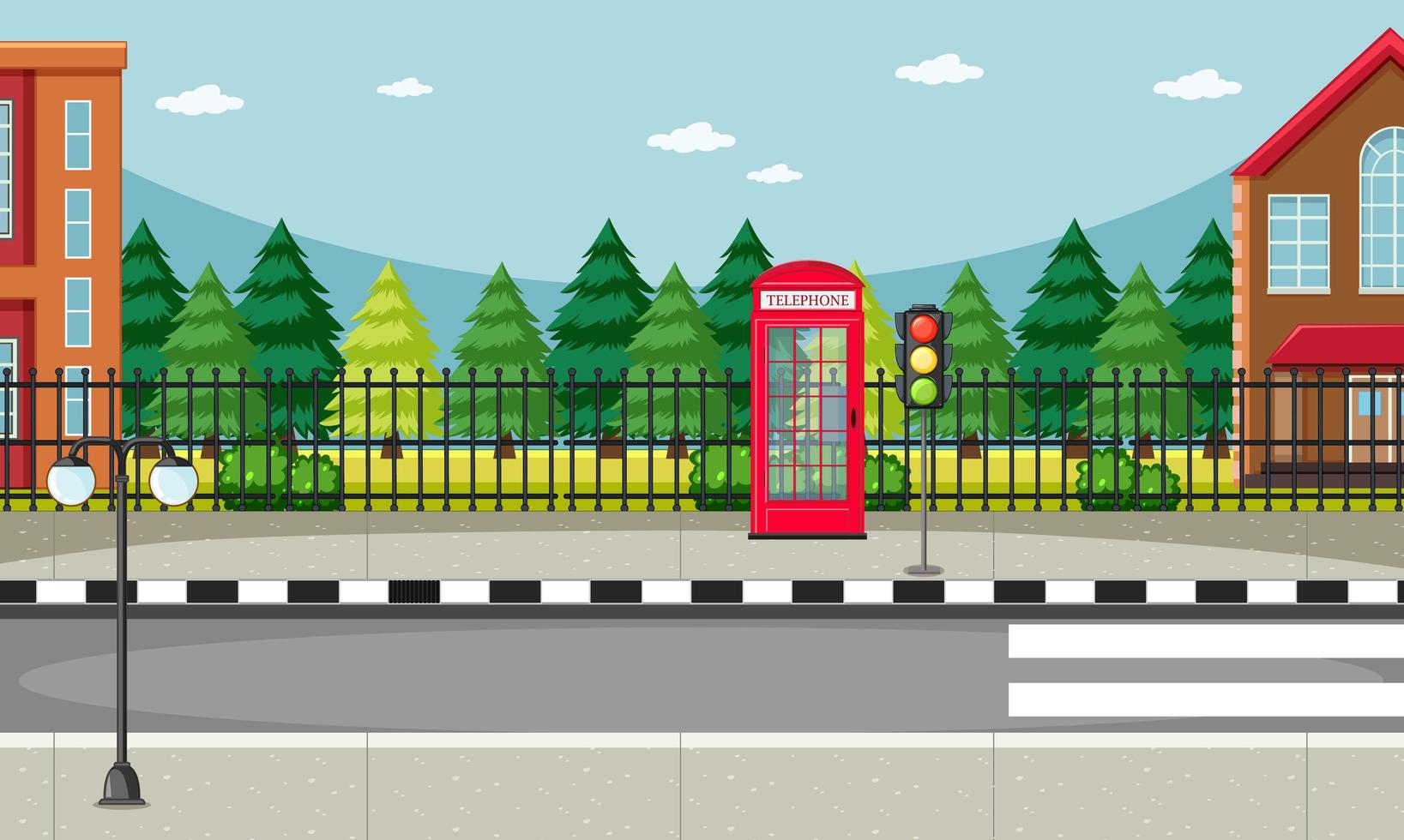 cena do lado da rua com cena da cabine telefônica vermelha vetor
