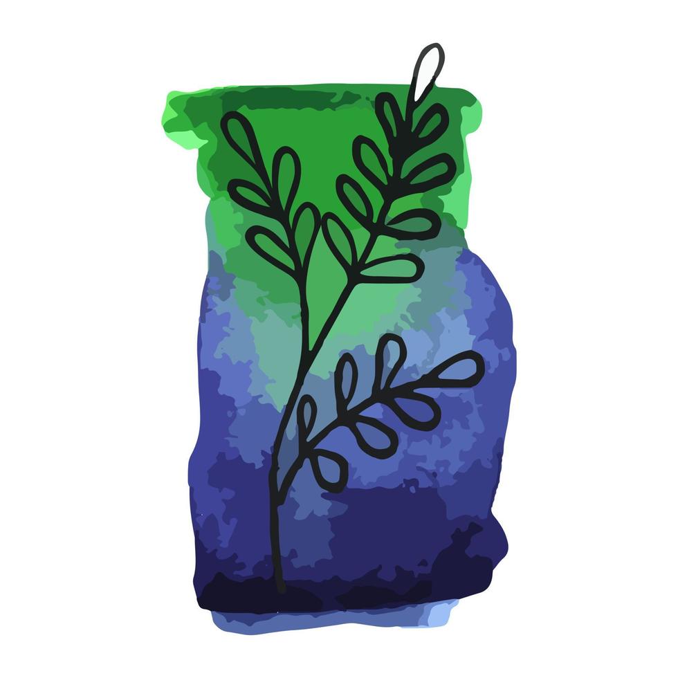 mancha aquarela, gota com transição de verde para azul, com planta de três ramos em preto. ilustração de doodle simples. vetor