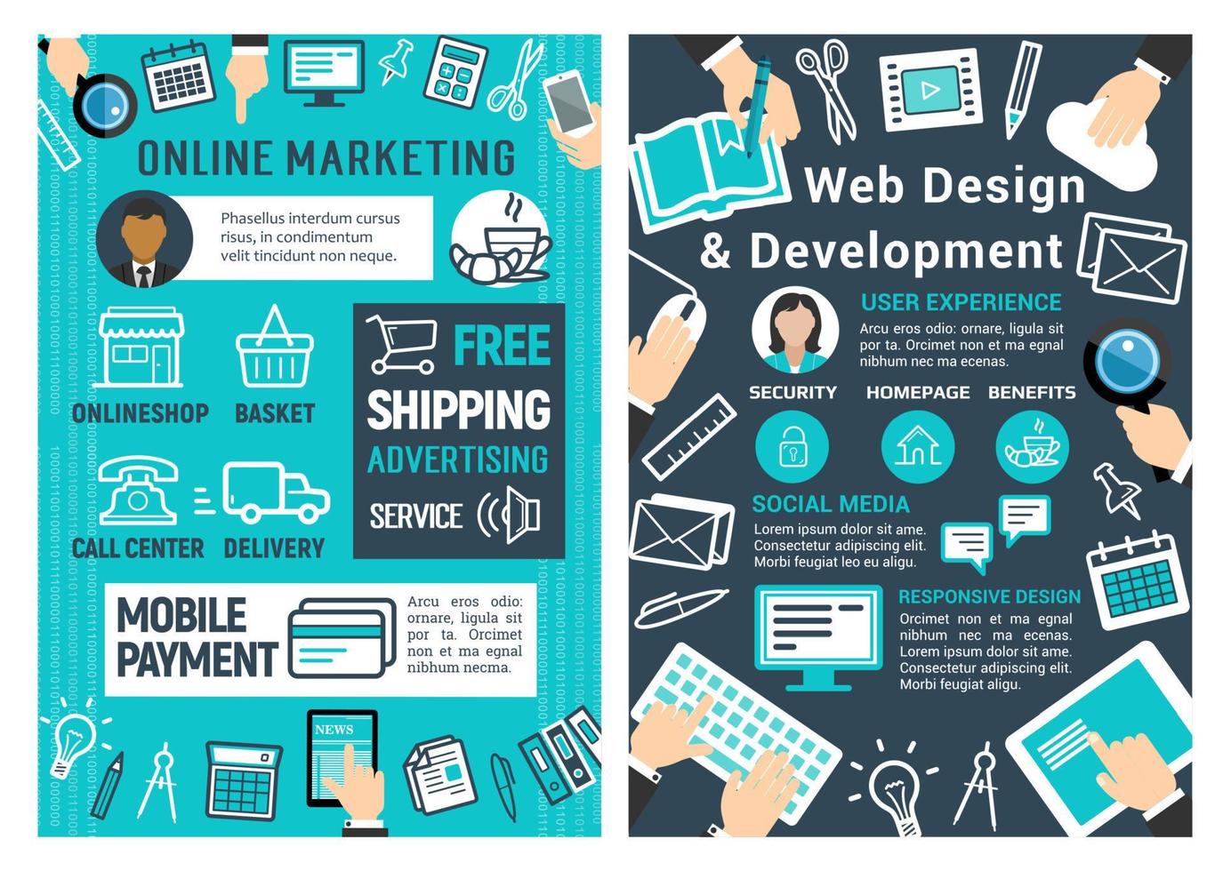 marketing online, web design e cartão de desenvolvimento vetor