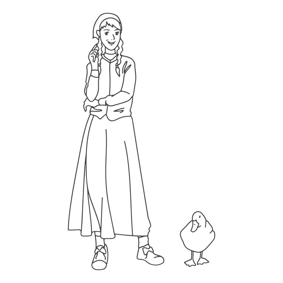 doodle camponesa em pé com um pato vetor