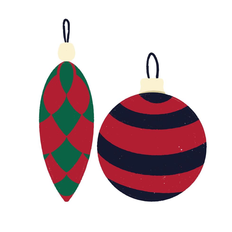 coleção de belas bugigangas e decorações para árvore de natal em estilo desenhado à mão vetor