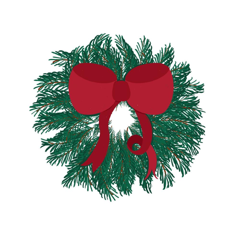 guirlanda decorativa de natal com arco na mão desenhada estilo sobre fundo branco. modelo de cartão de saudação de design de natureza vetor