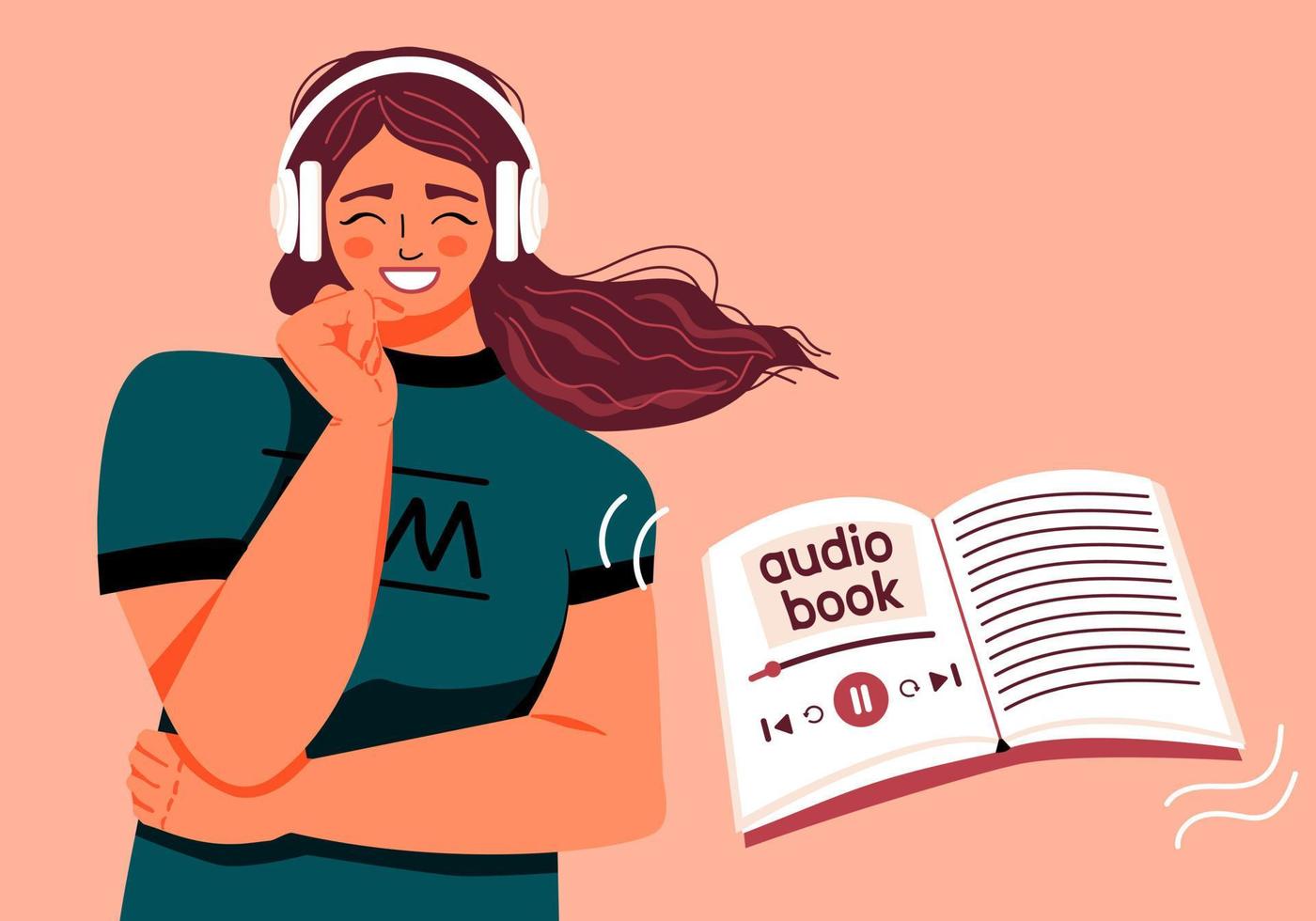 mulher em fones de ouvido sem fio ouvindo áudio livro online. conceito de aprendizagem on-line. biblioteca da internet. ilustração vetorial vetor