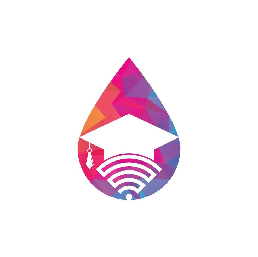 modelo de design de logotipo de conceito de forma de gota de educação wifi. chapéu de pós-graduação e design de logotipo de vetor wifi. estudar o conceito de logotipo online