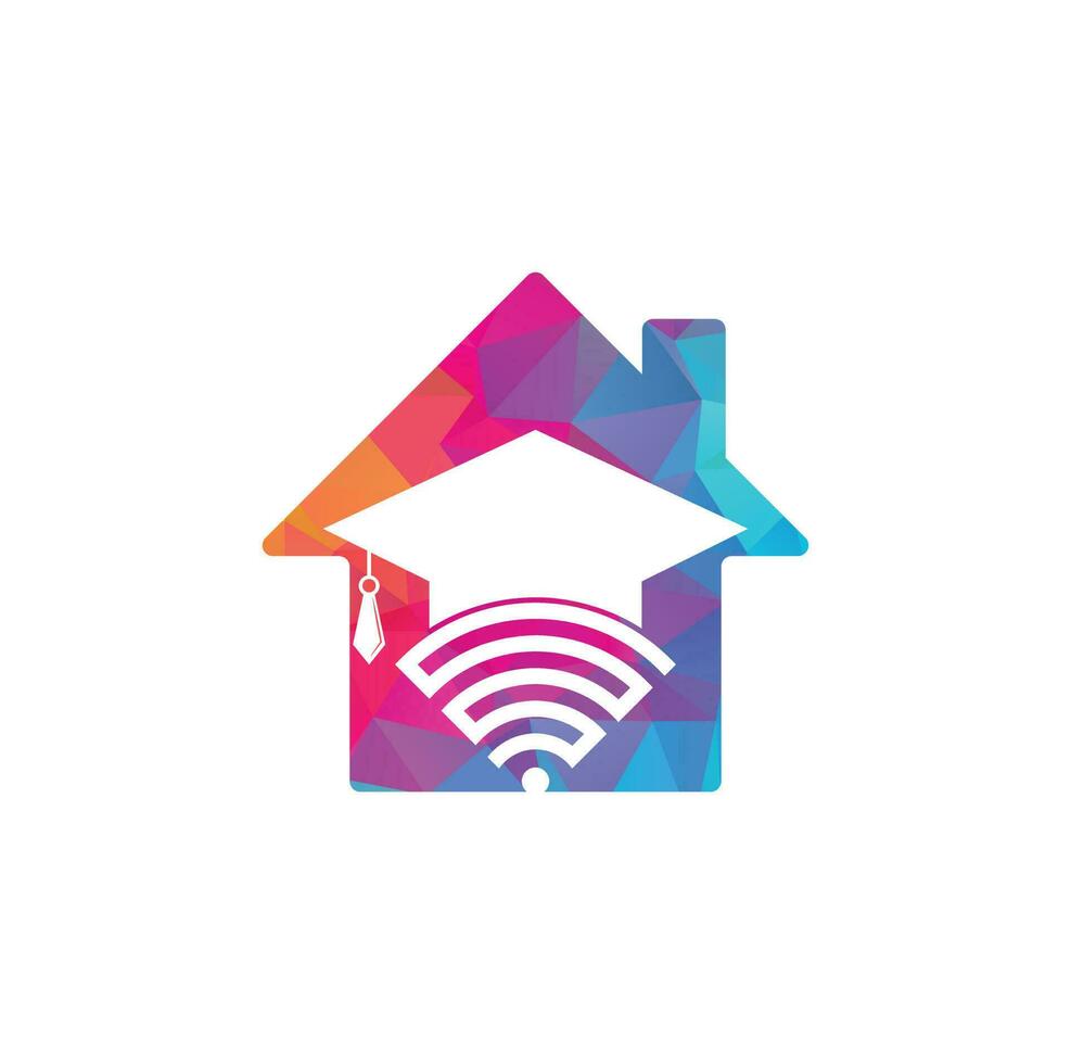 modelo de design de logotipo de conceito de forma de casa de educação wifi. chapéu de pós-graduação e design de logotipo de vetor wifi. estudar o conceito de logotipo online
