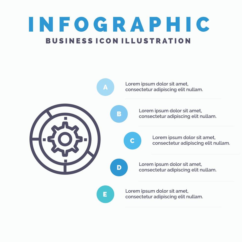 ícone de linha de processo do mecanismo de configuração de configurações de engrenagem com fundo de infográficos de apresentação de 5 etapas vetor