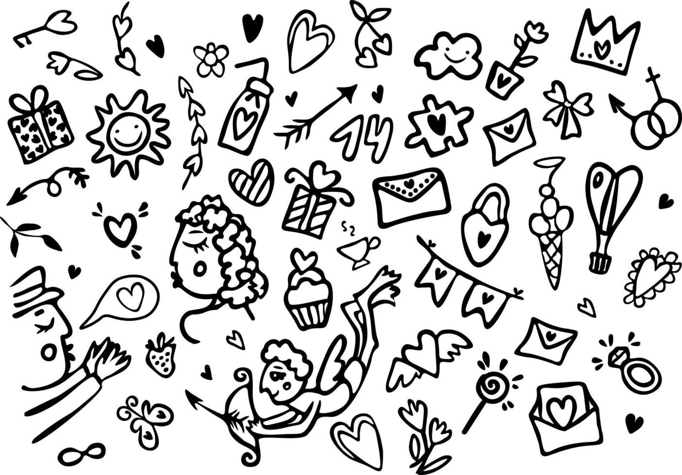 vetor amor clipart. conjunto de dia dos namorados. doodle ilustração de corações, letras, xícaras, essências.