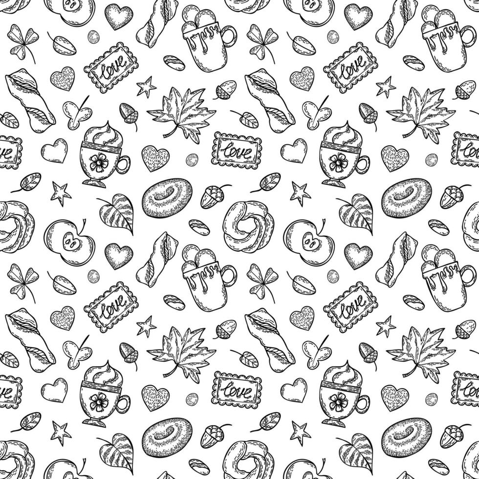 padrão sem emenda de outono doodle. conjunto desenhado à mão de esboços xícaras de café, maçã, folhas, donut, biscoitos, bolotas vetor