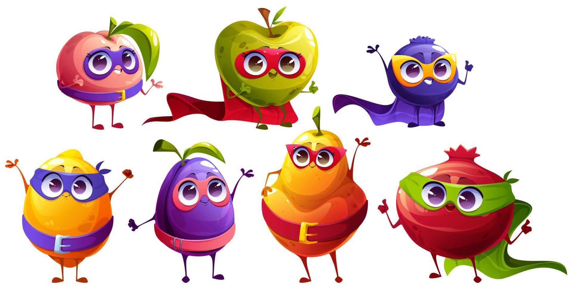 personagens engraçados de super-heróis de frutas e bagas vetor