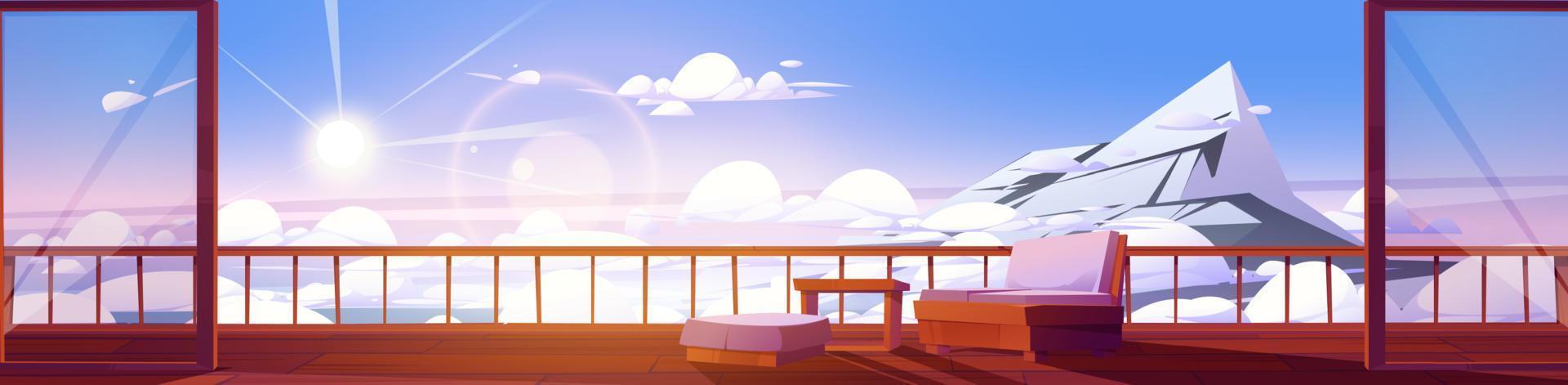 cena de alta montanha com nuvens e terraço da casa vetor