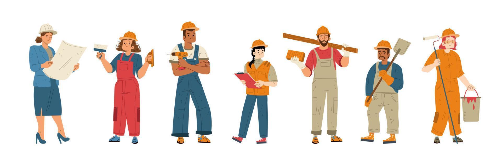 construtores e trabalhadores da construção civil em capacetes vetor