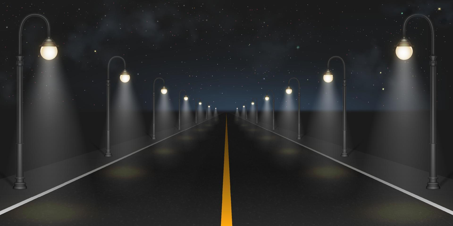 estrada noturna com vista em perspectiva de lâmpadas de rua vetor
