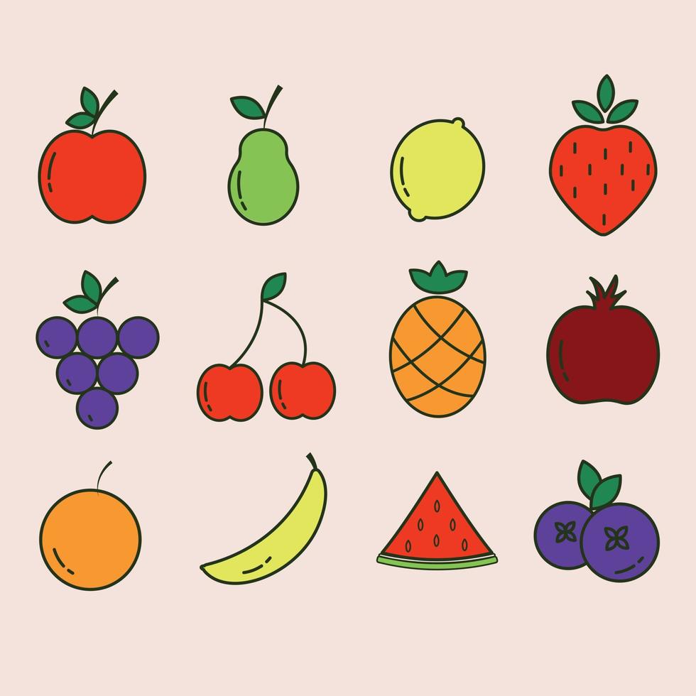 conjunto de ícones de frutas em cores brilhantes vetor