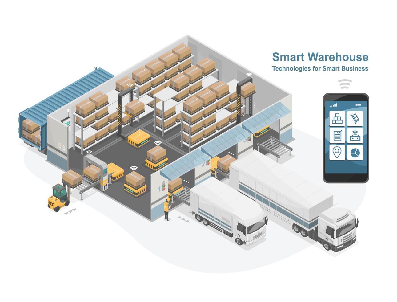 robô de carga pesada de armazém inteligente para transporte de iot e sistema de negócios ou vetor de isolamento isométrico de fábrica inteligente de grande logística