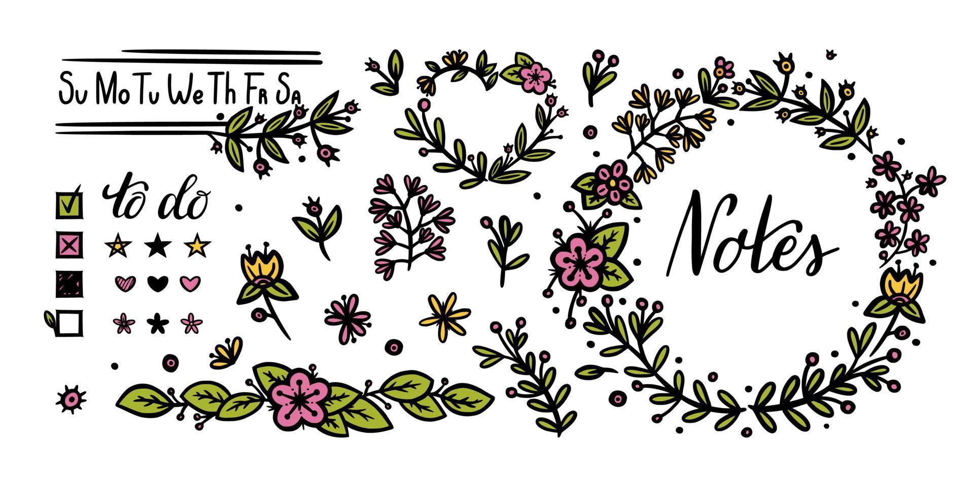 bullet journal elementos florais e de texto para decoração. divisores de flores e caligrafia manuscrita para desenhos de diários. ilustração vetorial doodle vetor