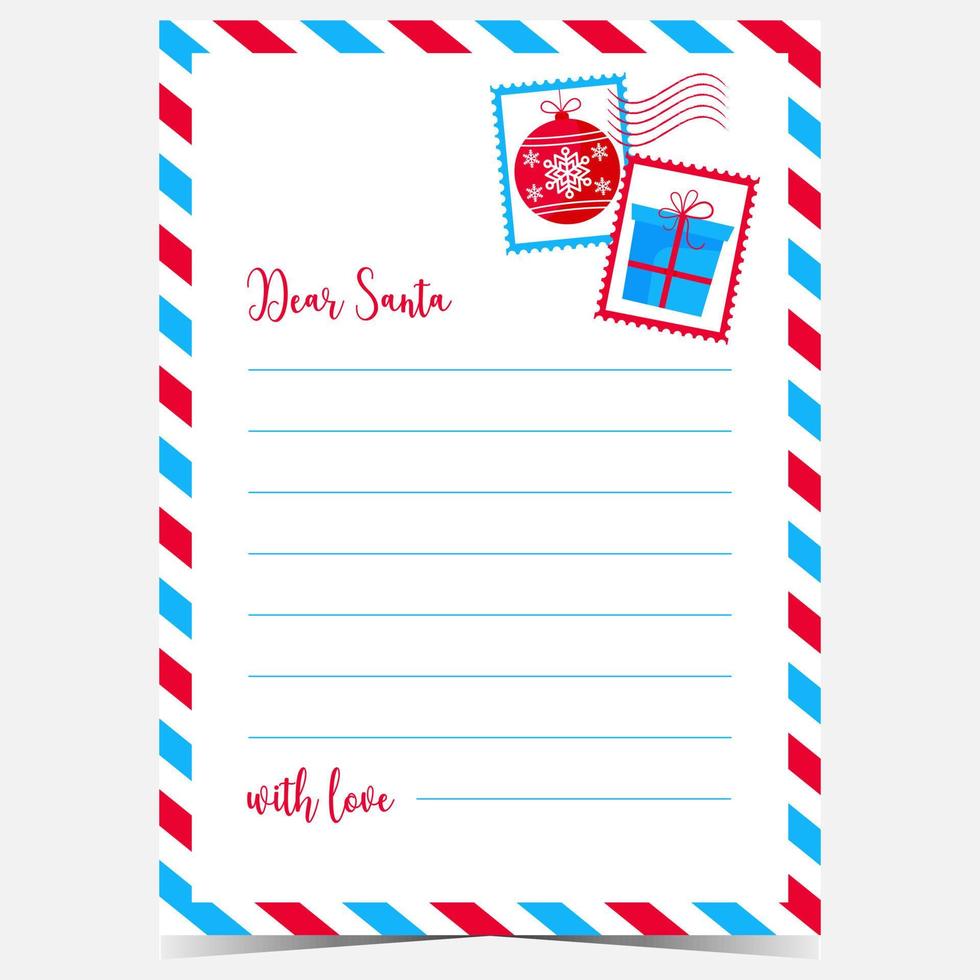 carta para o modelo de papai noel. cartão postal de natal para papai noel com decorações de férias, bola de natal e caixa de presente, sob a forma de envelope de correio aéreo com o quadro de listras vermelhas azuis. Pronto para imprimir. vetor