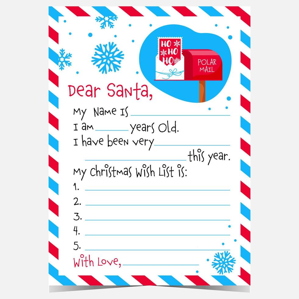 carta de natal para papai noel com modelo em branco, caixa postal de correio polar, flocos de neve e envelope de correio aéreo com o quadro de listras vermelhas azuis. vetor cartão postal de natal para papai noel com lista de desejos.