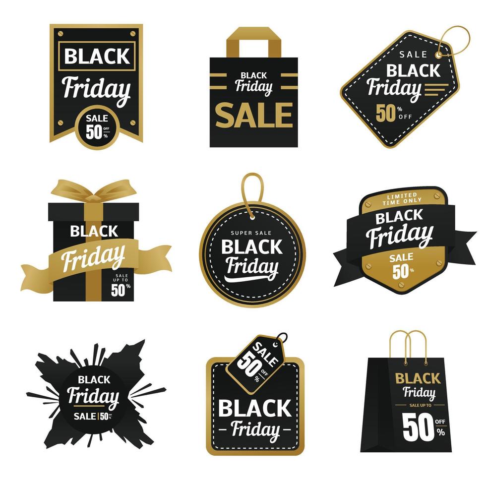 estilo de etiqueta de distintivo de sexta-feira negra elegante com conjunto de coleção de combinação de ouro preto vetor