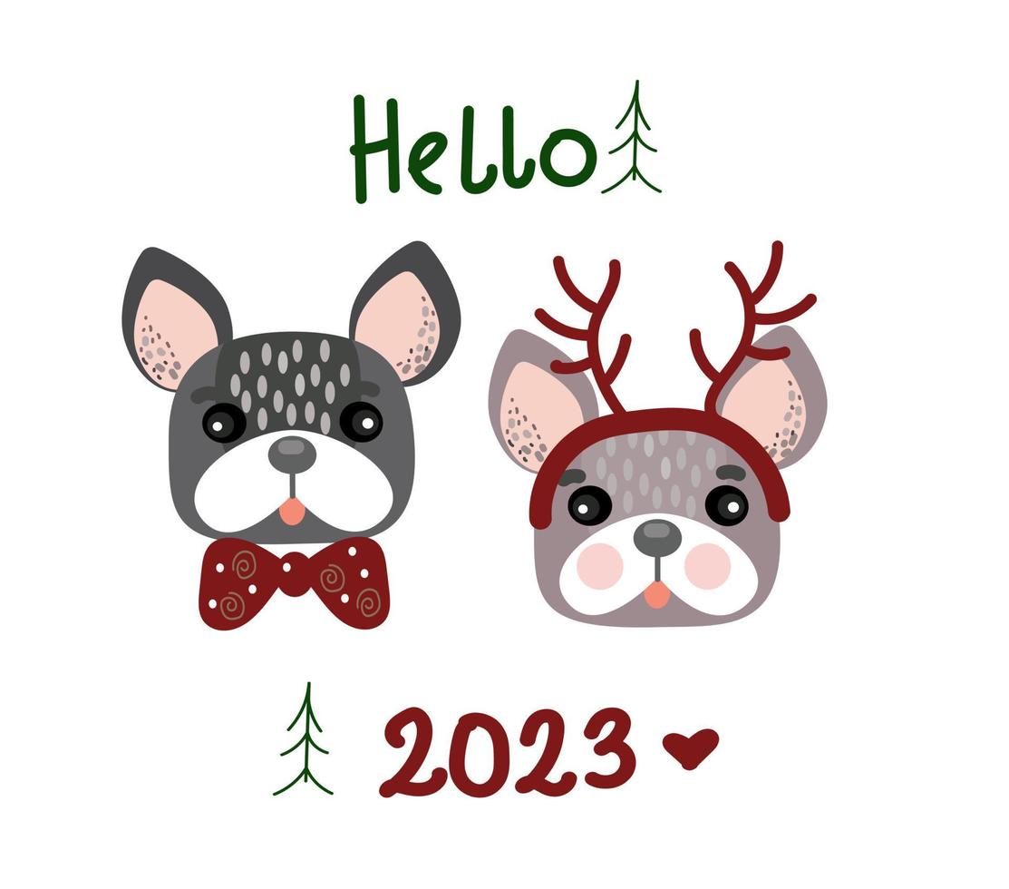 cartão postal de natal de cachorro buldogue, cartaz de design de férias. ilustração de doodle engraçado dos desenhos animados. feliz Ano Novo. vetor