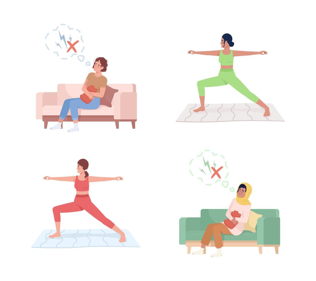 exercícios para aliviar a dor menstrual conjunto de caracteres vetoriais de cores planas. figuras editáveis. pessoas de corpo inteiro em branco. ilustrações simples de estilo cartoon para web design gráfico e pacote de animação vetor