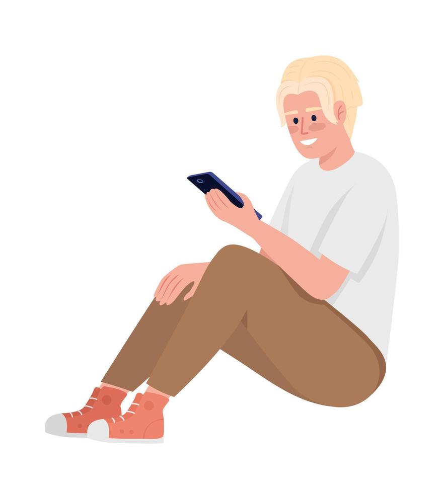 jovem com personagem de vetor de cor semi plana de smartphone. conexão móvel. figura editável. pessoa de corpo inteiro em branco. ilustração simples de estilo cartoon para web design gráfico e animação