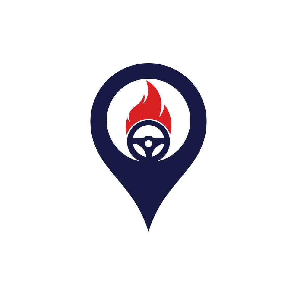 modelo de design de vetor de logotipo de conceito de forma de gps de motorista de incêndio. volante de carro queimando fogo logotipo ícone ilustração vetorial design