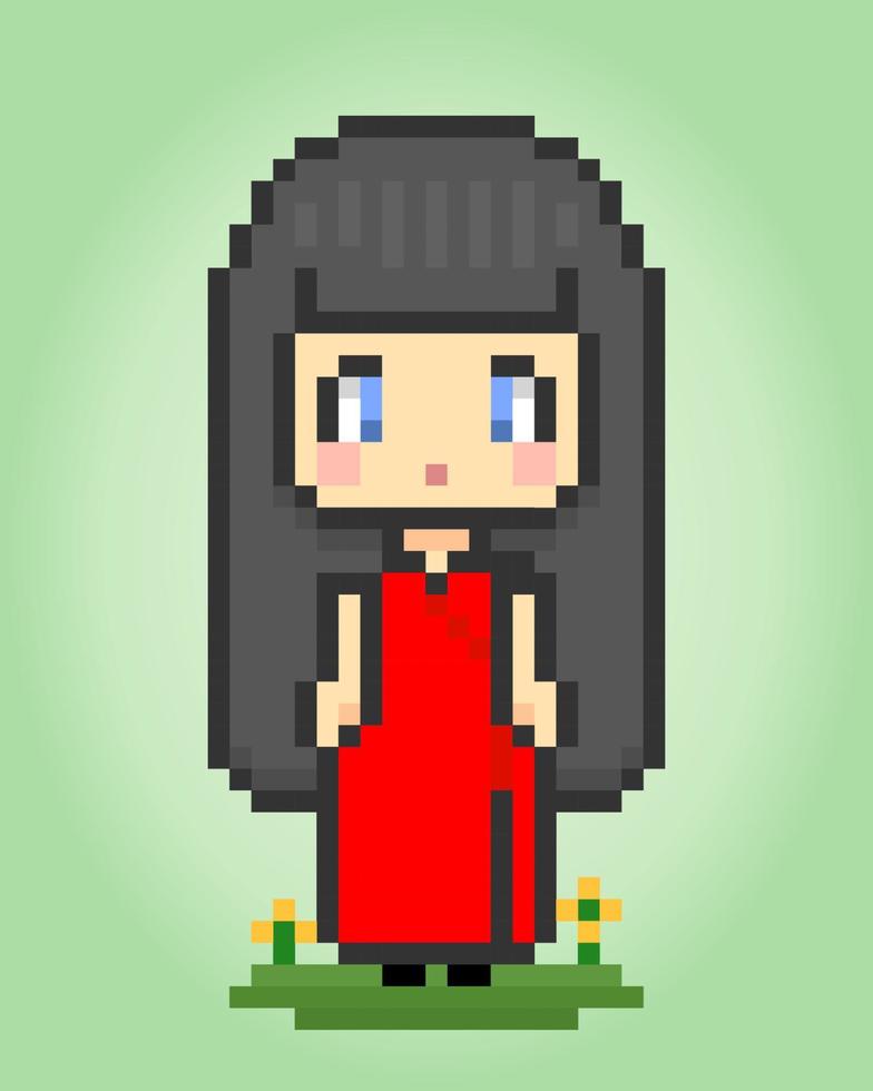 Linda garota de pixel de 8 bits usa roupas tradicionais chinesas de cheongsam. mulheres dos desenhos animados em ilustrações vetoriais. vetor