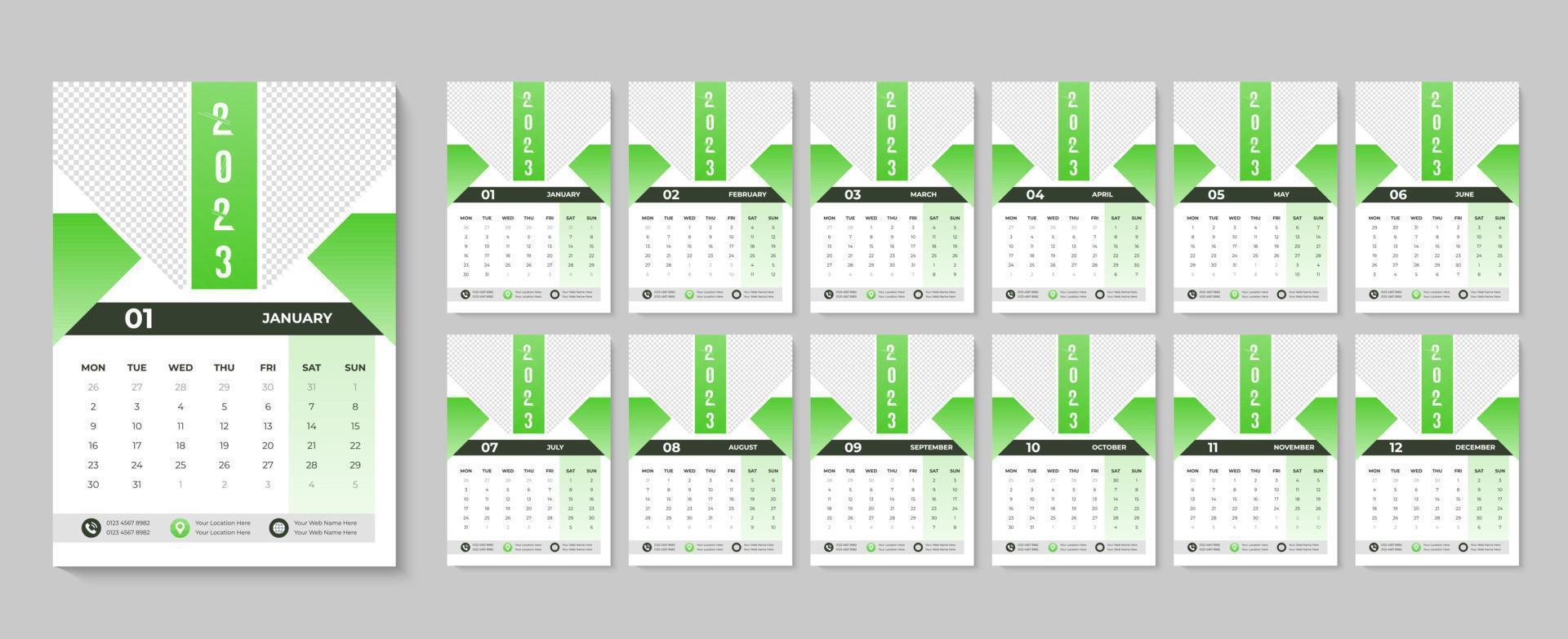 design de calendário de parede de 2023 anos com modelo de calendários para impressão mensal pro vetor