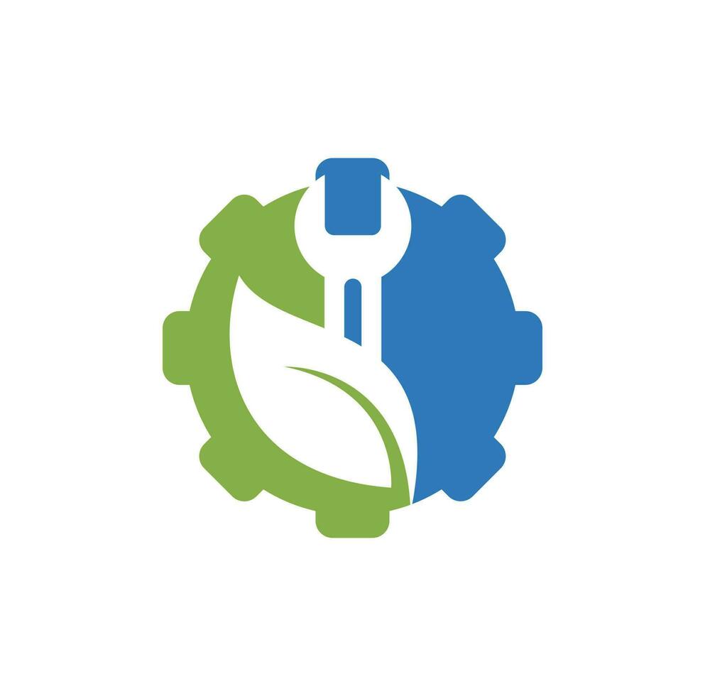 design de logotipo de engrenagem combinado com chave e folhas. design de logotipo de natureza de folha de serviço de reparo. vetor
