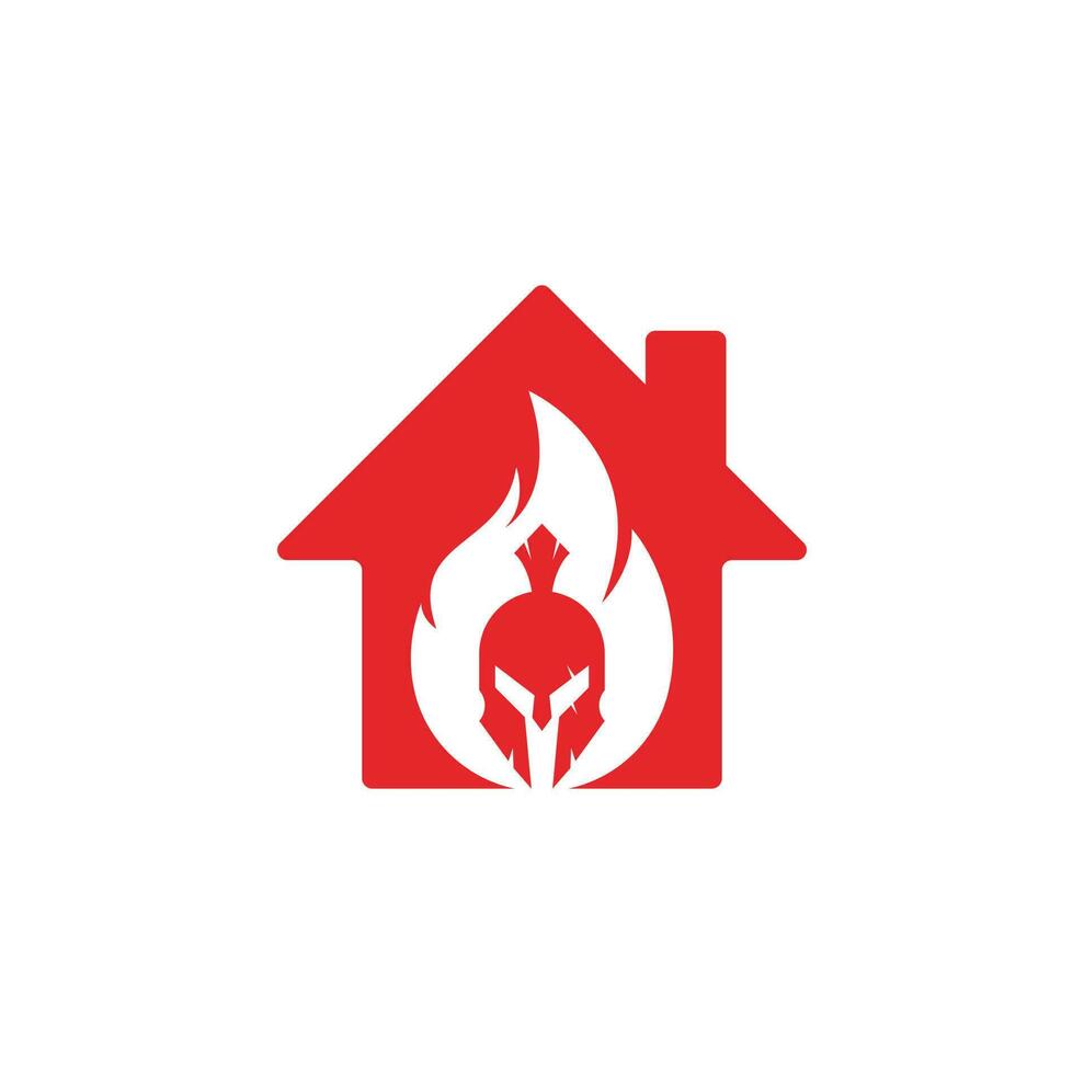 vetor de design de logotipo de conceito de forma de casa de fogo espartano. logotipo do capacete espartano em chamas.