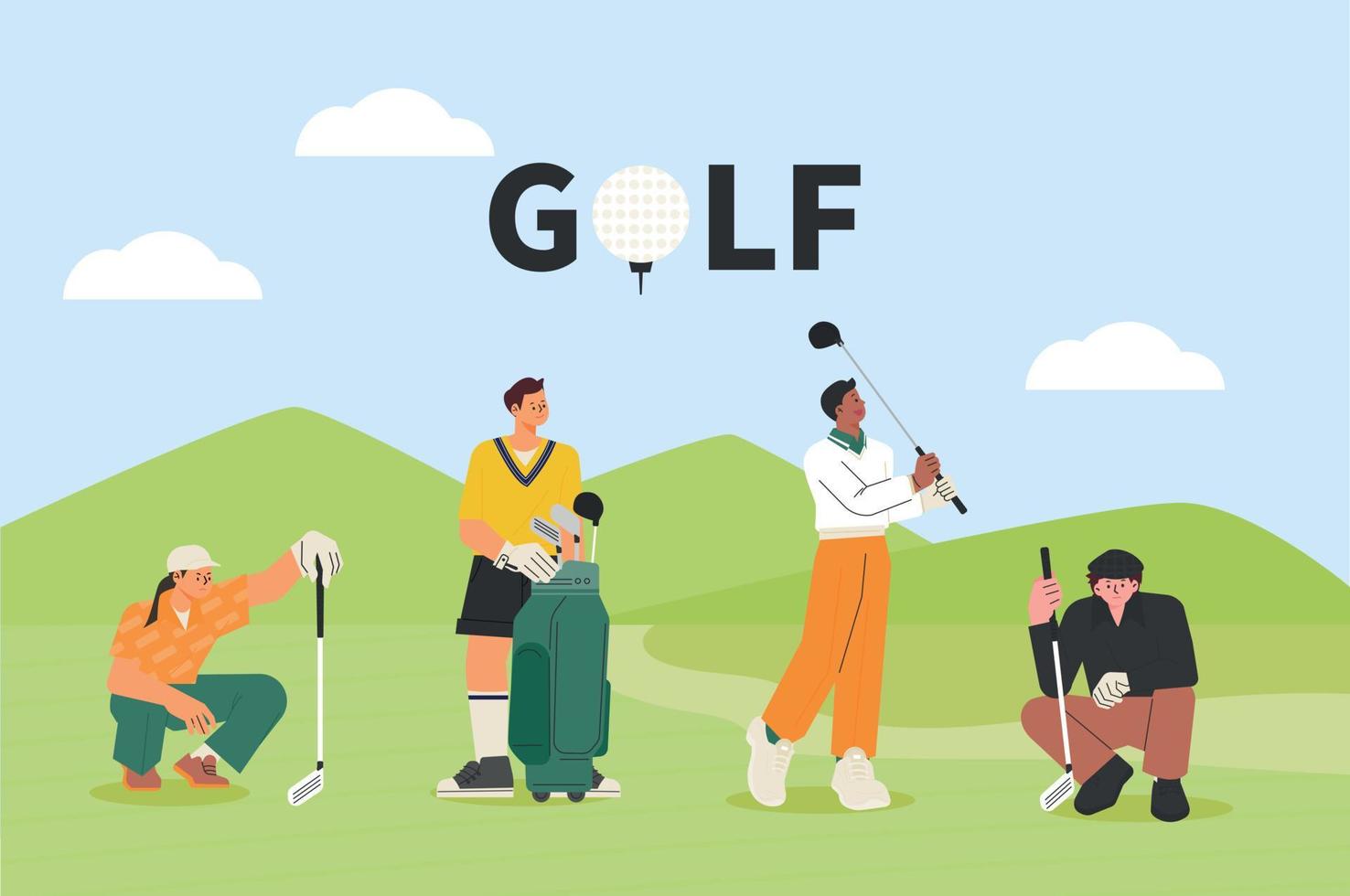 pessoas em uniformes de golfe em pé ou sentadas no campo de golfe. ilustração vetorial plana. vetor