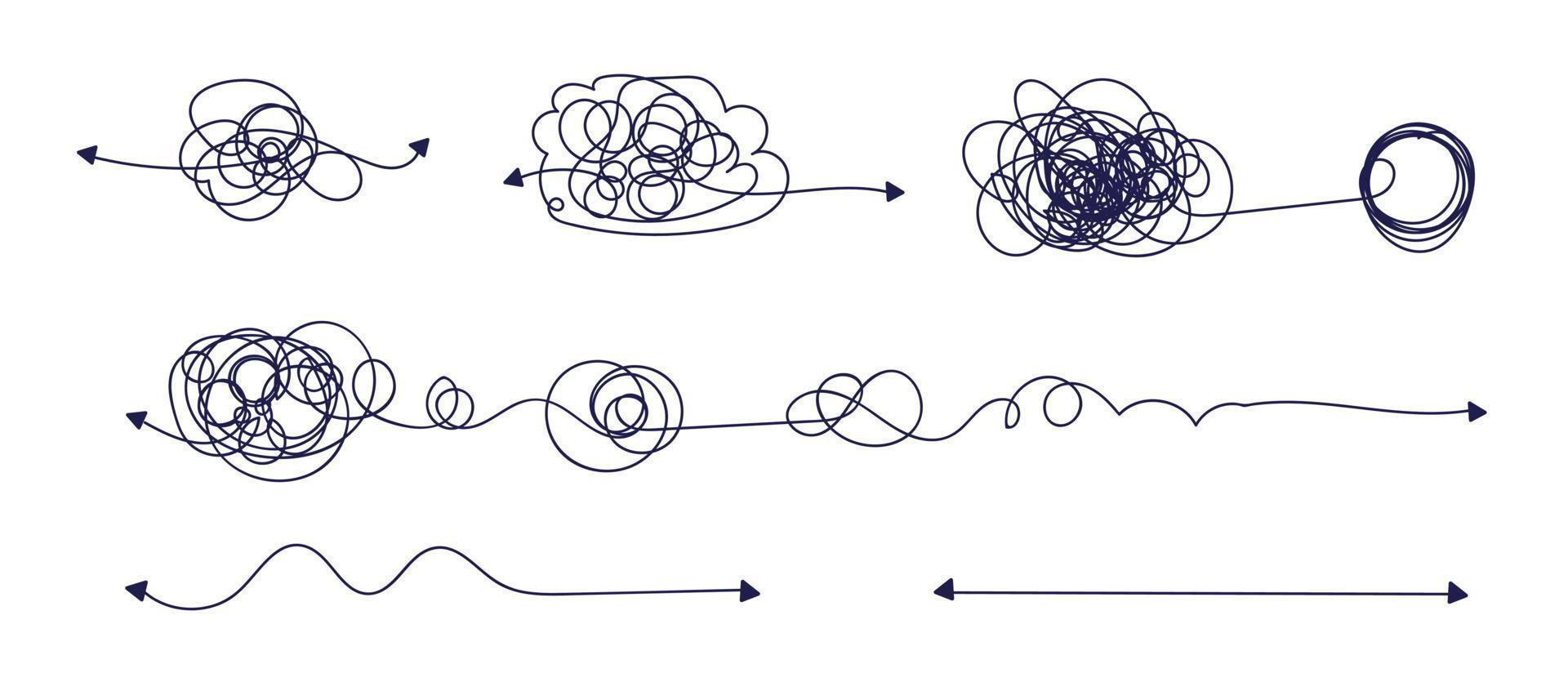 resolução do caos. linhas emaranhadas se transformam em linhas retas como um conceito de resolução de caos. conjunto de linhas emaranhadas e retas. ilustração vetorial vetor