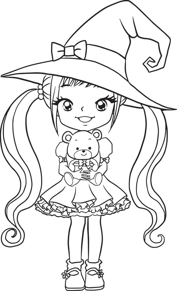 bruxa menina desenho animado doodle kawaii anime página para colorir ilustração fofa desenhando personagem de clipart Chibi mangá quadrinhos vetor