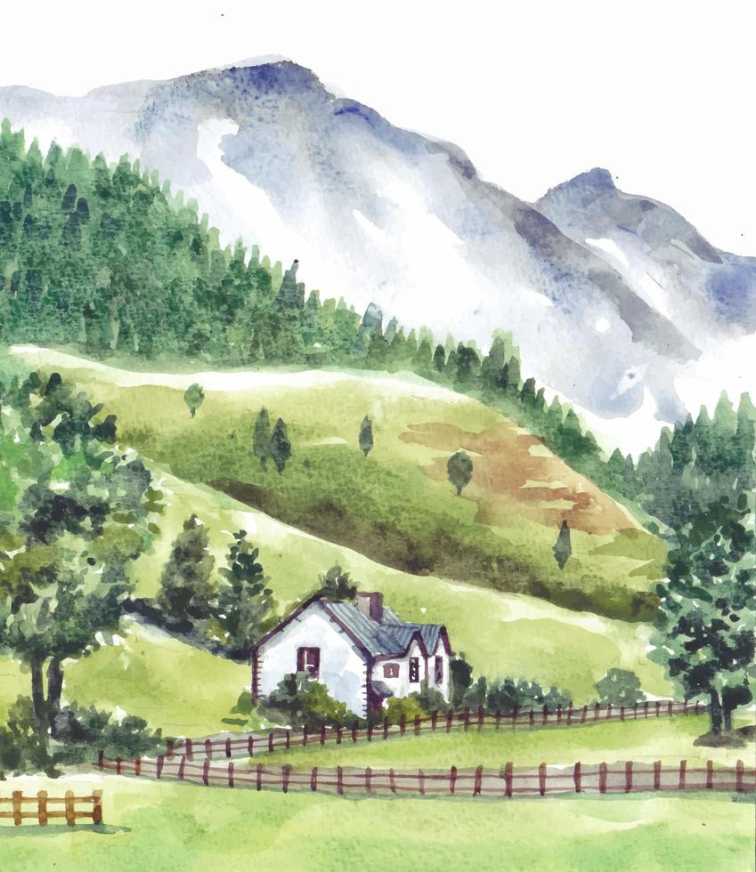 paisagem natural com casa e montanha em pintura em aquarela vetor
