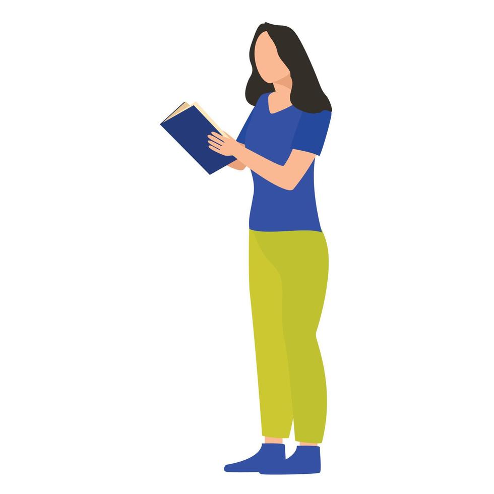 menina europeia de pé e ler um livro isolado no fundo branco. ilustração vetorial. vetor