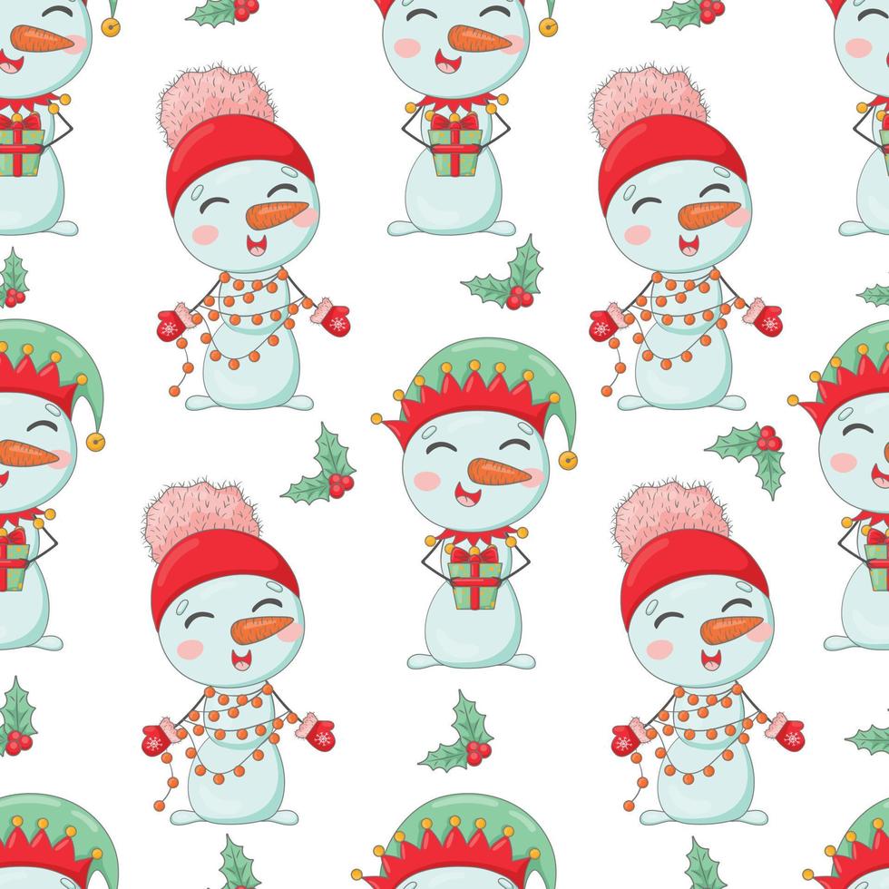 bonitos bonecos de neve de natal em chapéus de malha padrão perfeito de desenho animado vetor