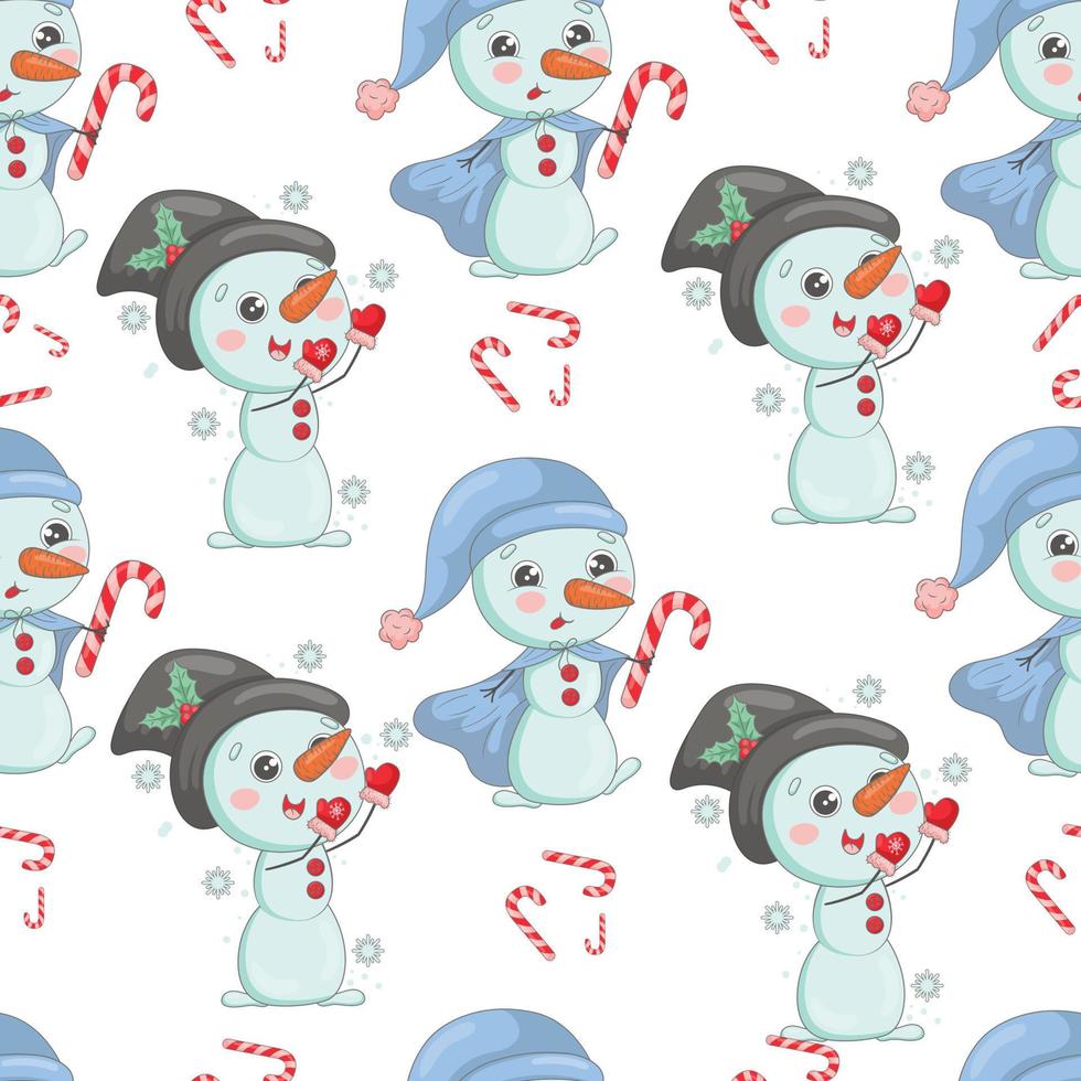 bonitos bonecos de neve de natal em chapéus de malha padrão perfeito de desenho animado vetor