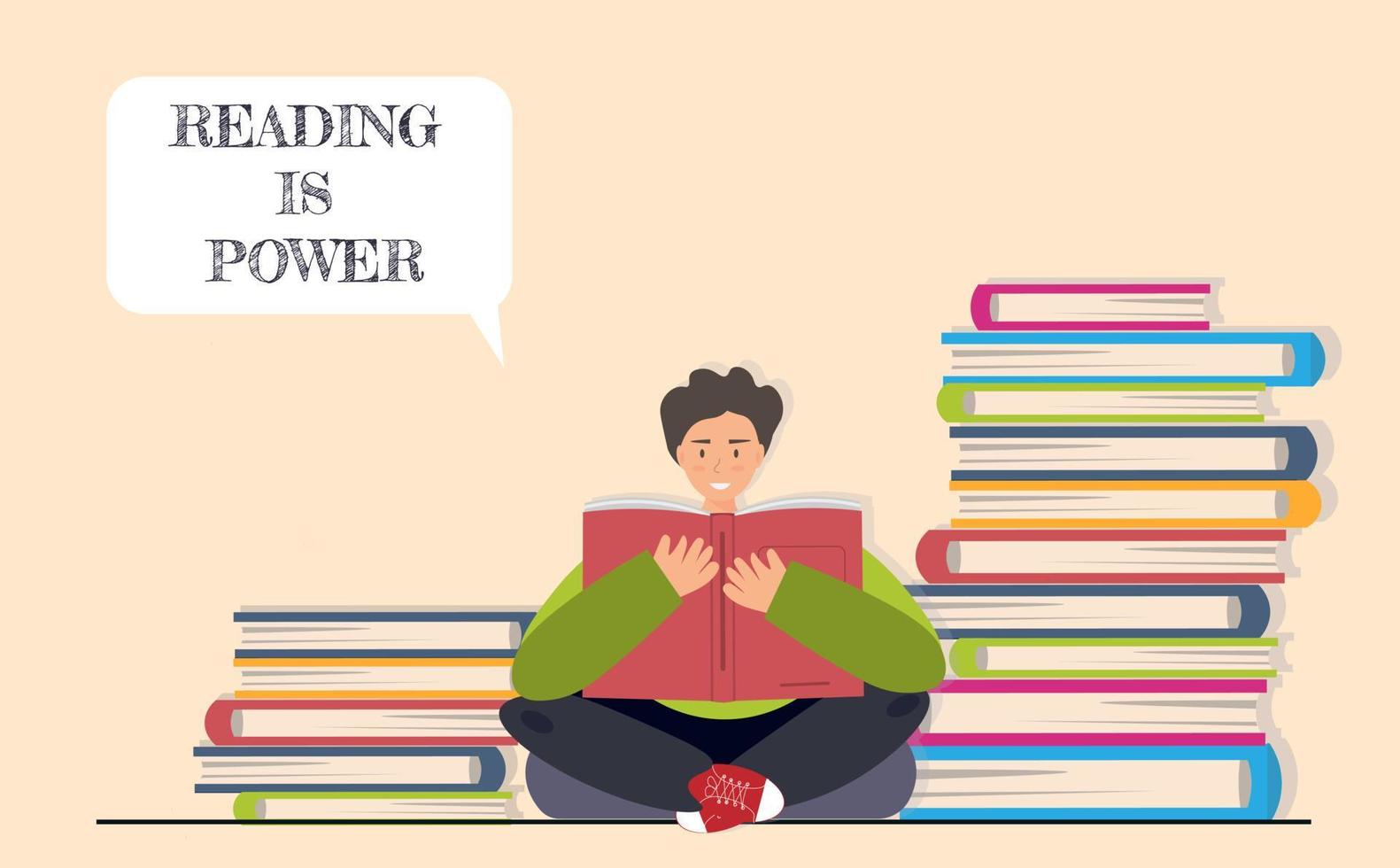 jovem feliz, estudante lendo livros na biblioteca, ler é conceito de poder, ilustração vetorial plana vetor