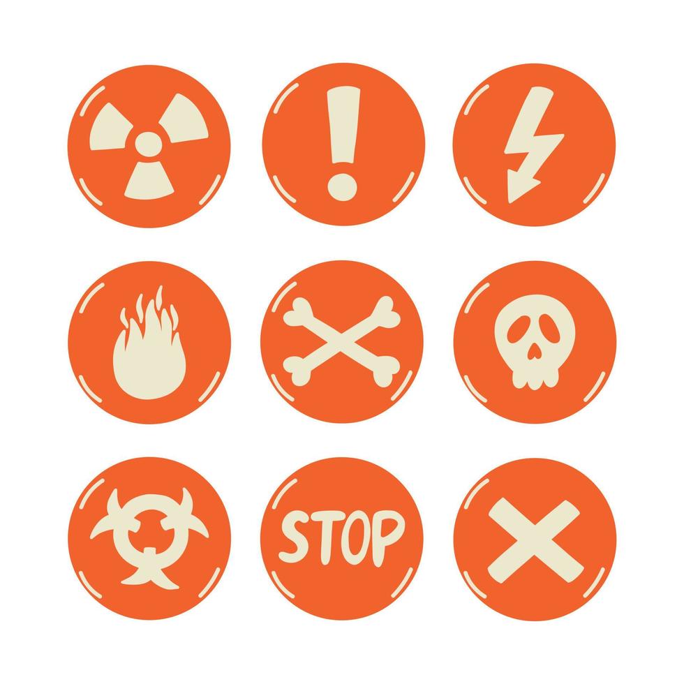 aviso cautela sinais de perigo laranja. círculo símbolos atenção, radiação, inflamável, mortal, parar, proibição. doodle clipart de vetor plano
