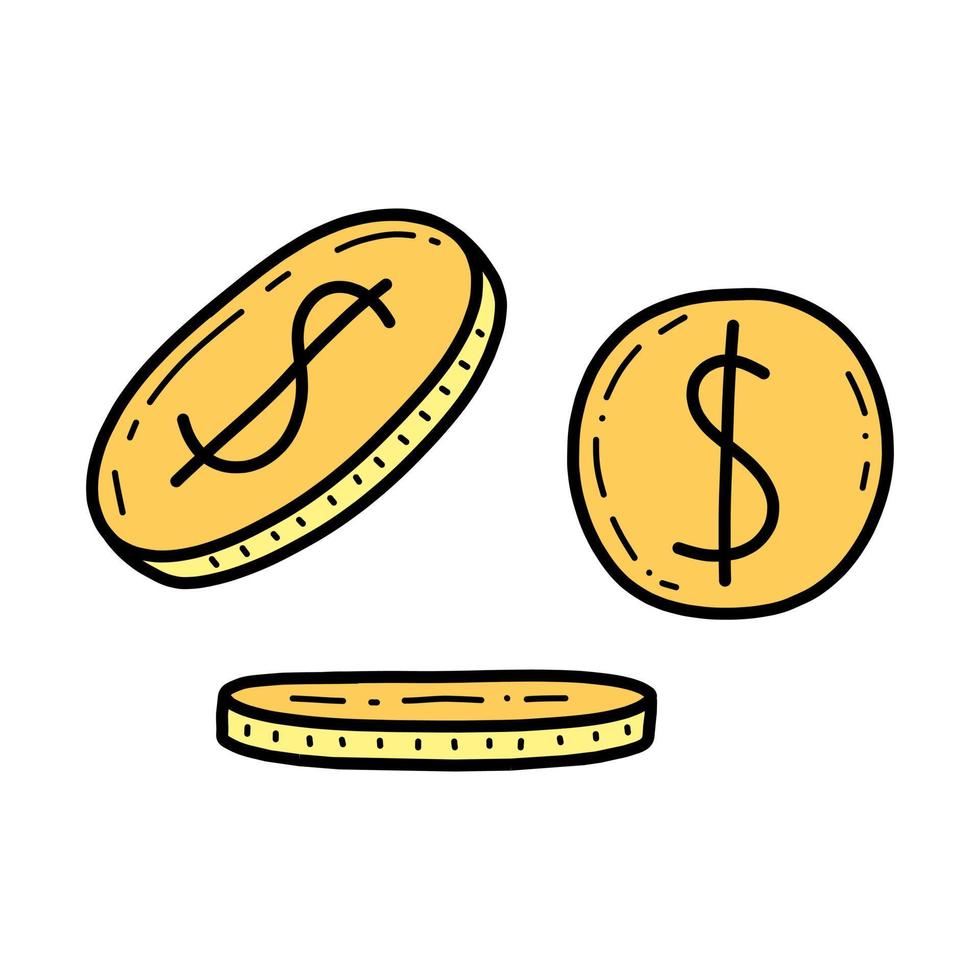 ilustração isolada do vetor de moedas de ouro de estilo doodle