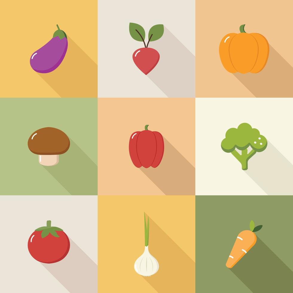 um conjunto de ícones vegetais simples com sombras. o conceito de uma dieta saudável e nutritiva. veganismo, vegetarianismo. vetor