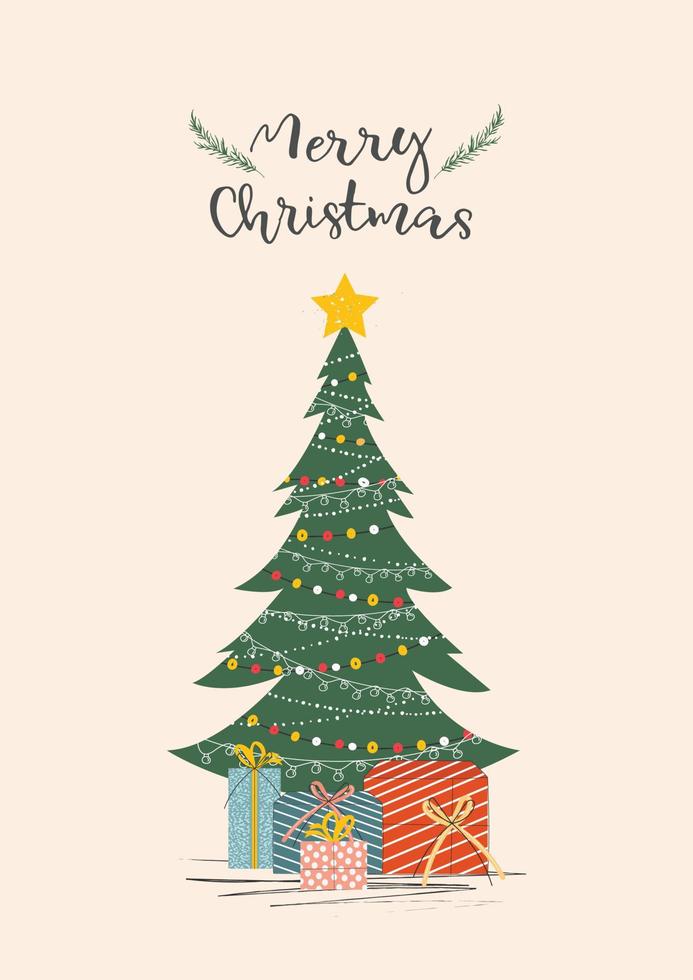 modelo vetorial para um cartão com uma árvore de natal chique e presentes. feriado de inverno. vetor