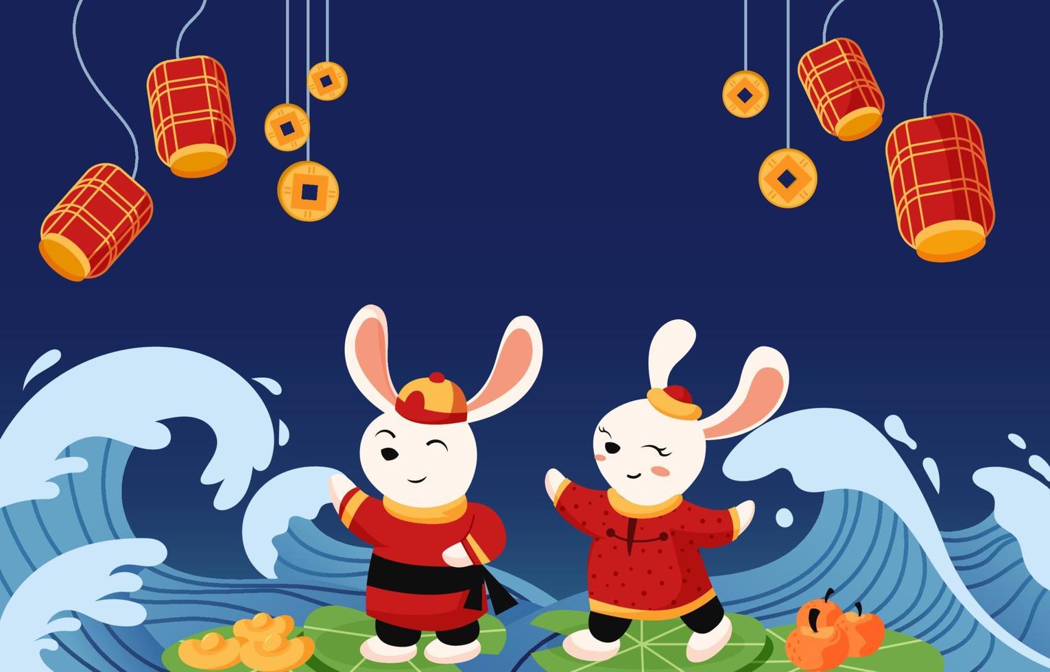 casal de coelho comemora ano novo chinês vetor