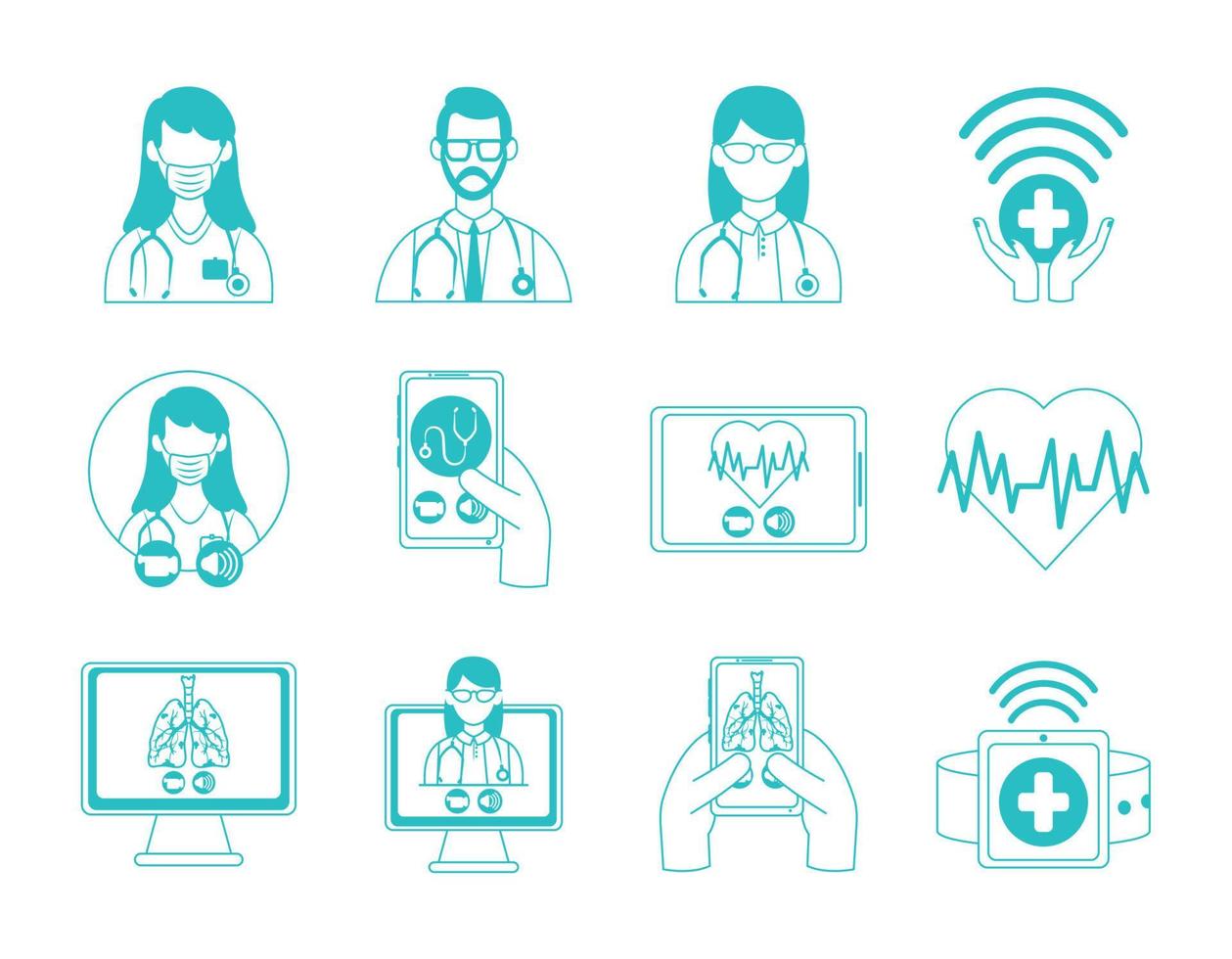 médico on-line, conjunto de ícones médicos de consultor de tecnologia médica, ícone de estilo de linha vetor