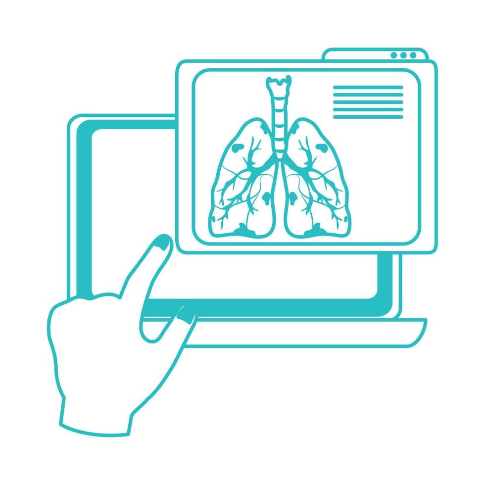 médico on-line, tela de toque de mão portátil diagnóstico pulmão médico covid 19, ícone de estilo de linha vetor