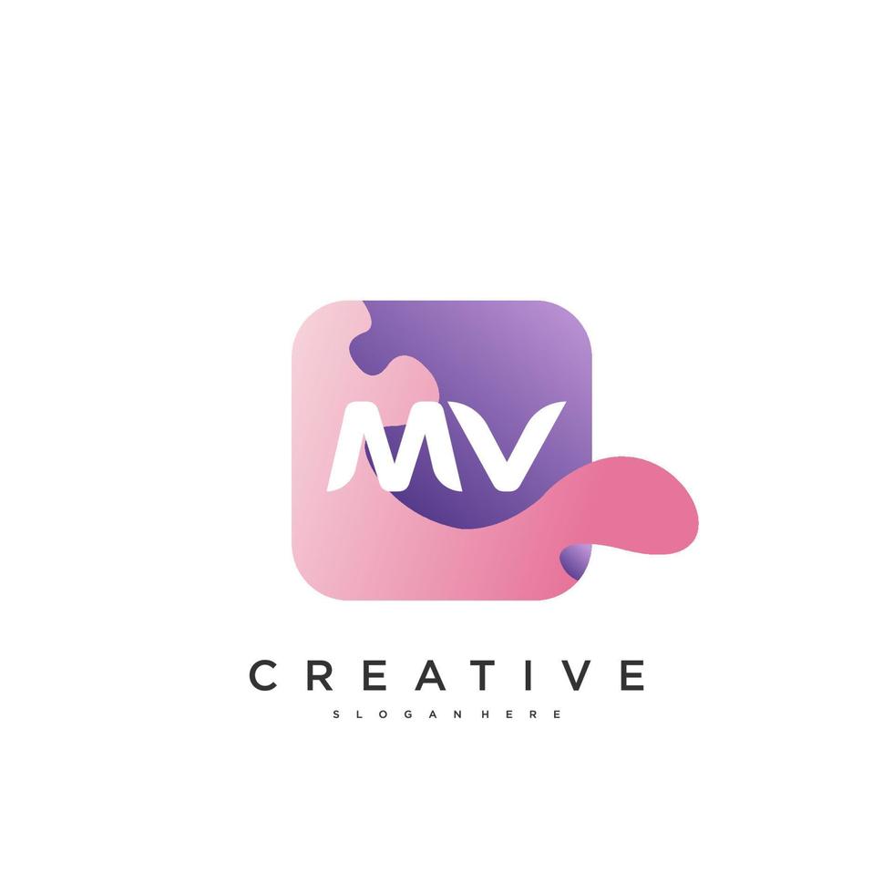 elementos de modelo de design de ícone de logotipo de letra inicial mv com arte colorida de onda vetor