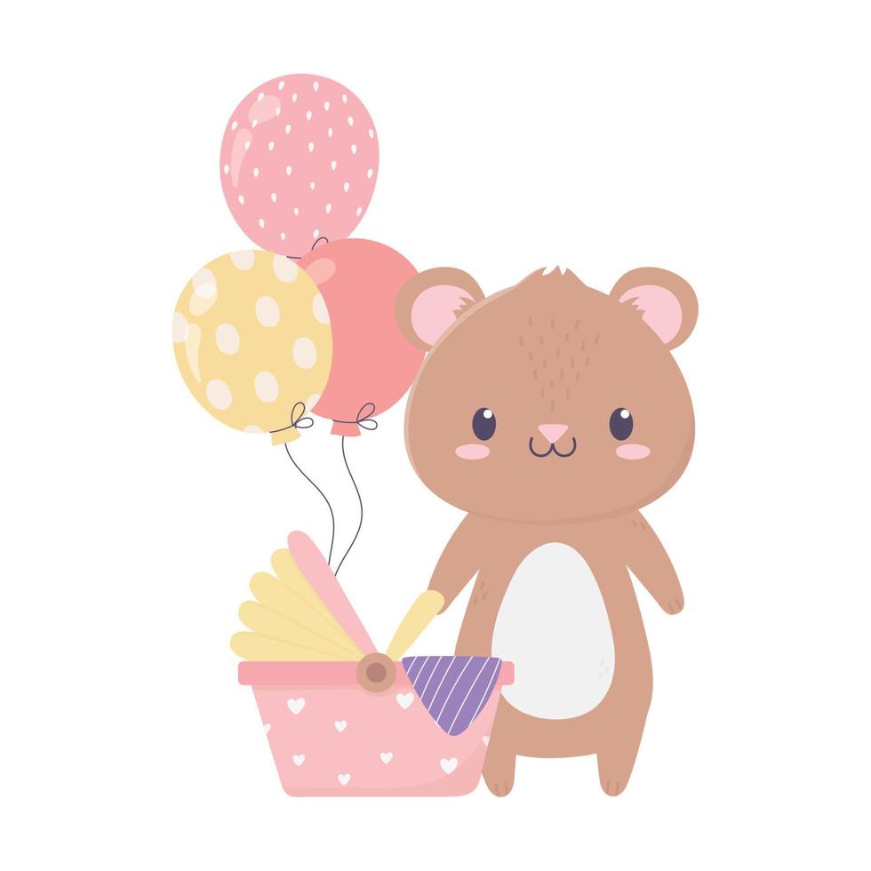 chá de bebê urso de pelúcia cartão de balões de carrinho de bebê decoração de desenho animado vetor