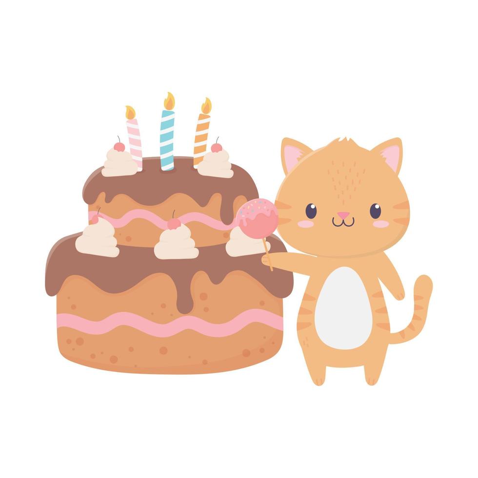 Feliz aniversário tigre com cartão de decoração de celebração de bolo de doces vetor